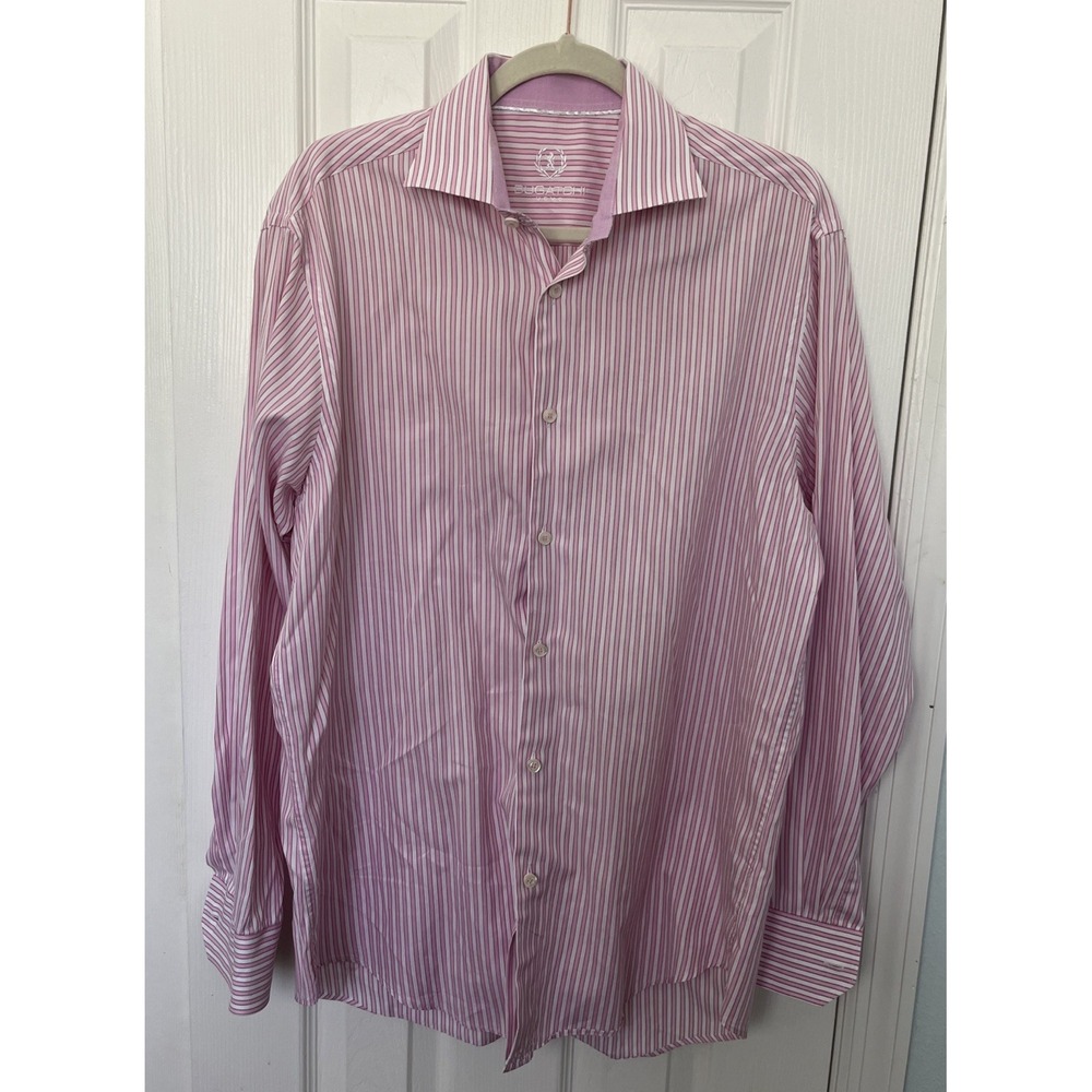 Bugatchi Uomo Mens Pink White Striped Cotton Dress Shirt Large Shaped Fit